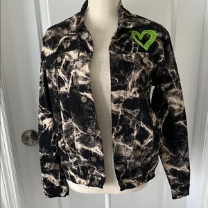 Roku Studio Custom Black and Cream Dyed Denim Trucker Jacket Multi Color Hearts